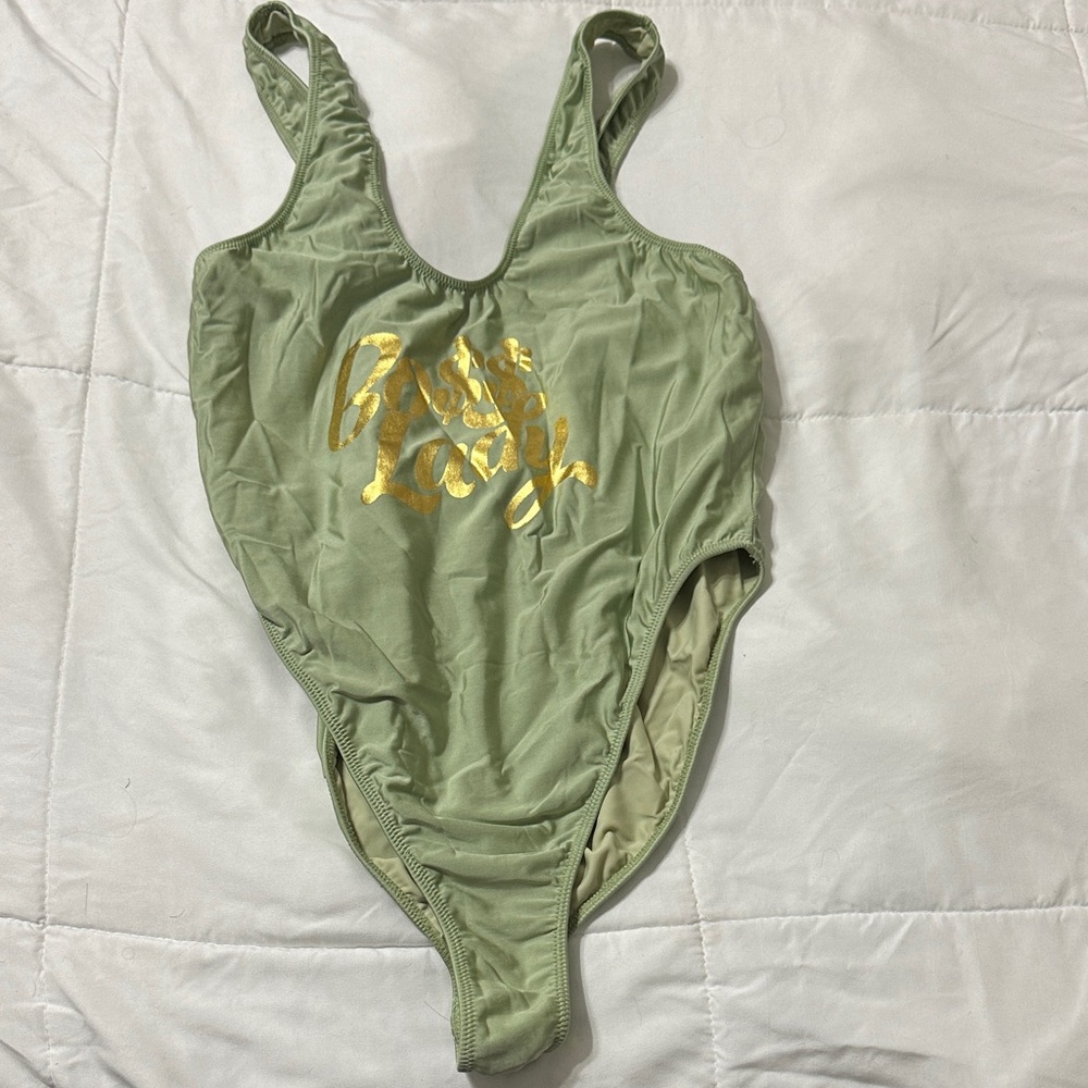 Green One-Piece Swimsuit with Gold Print